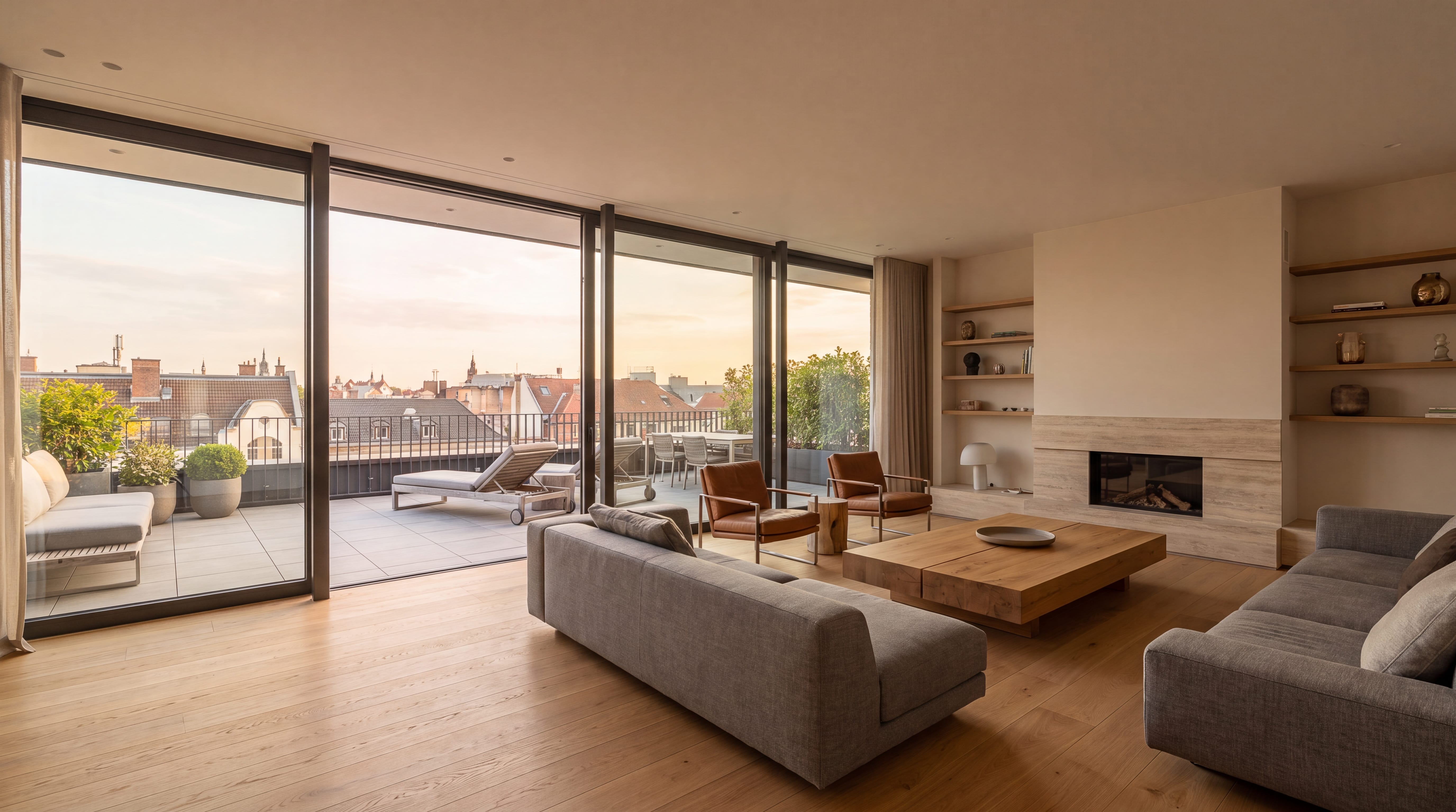 KI-generiertes Beispielobjekt: Penthouse mit Dachterrasse im Abendlicht
